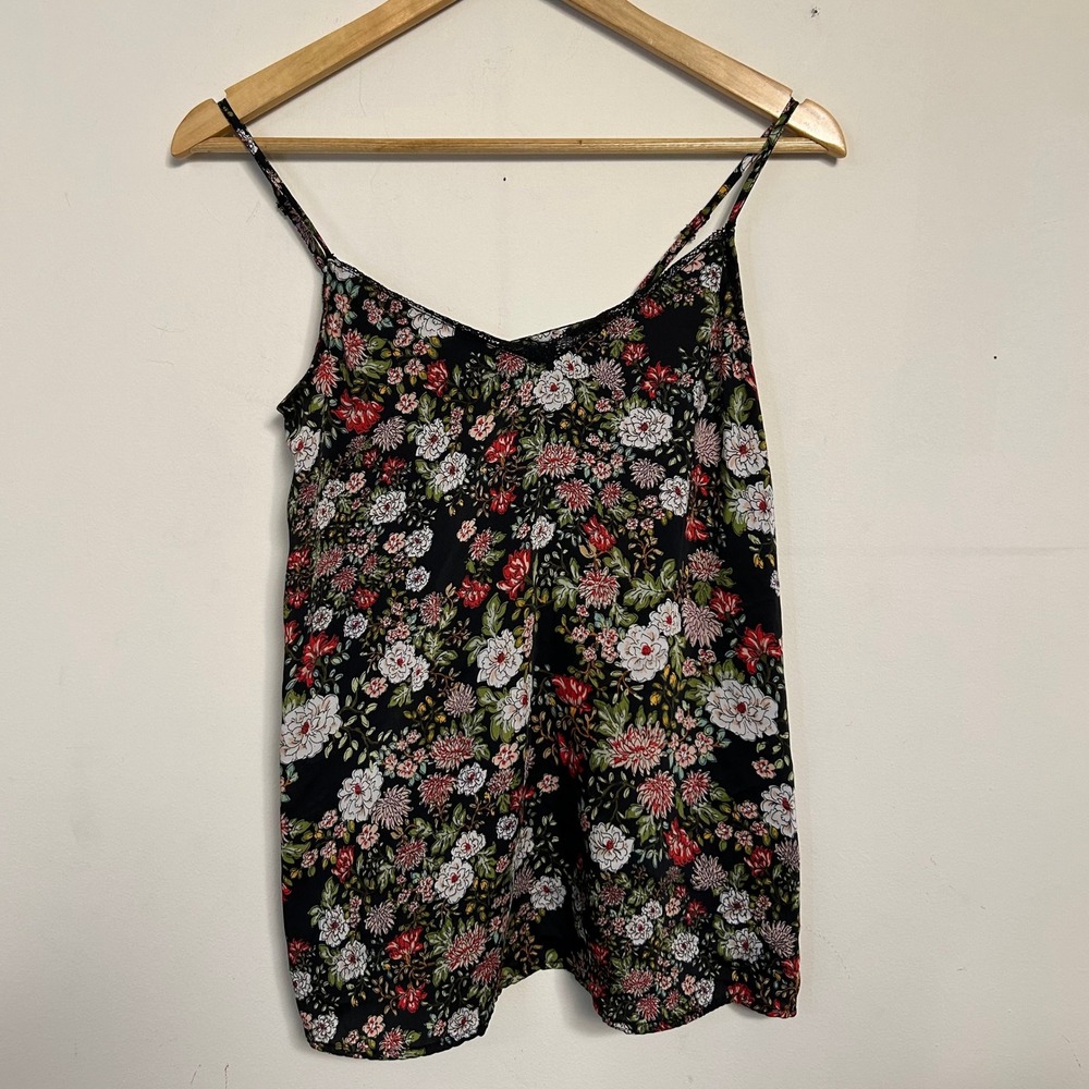 Promod Floral Cami Top Black Red White Lace‎ Trim Spaghetti Strap Tank Women